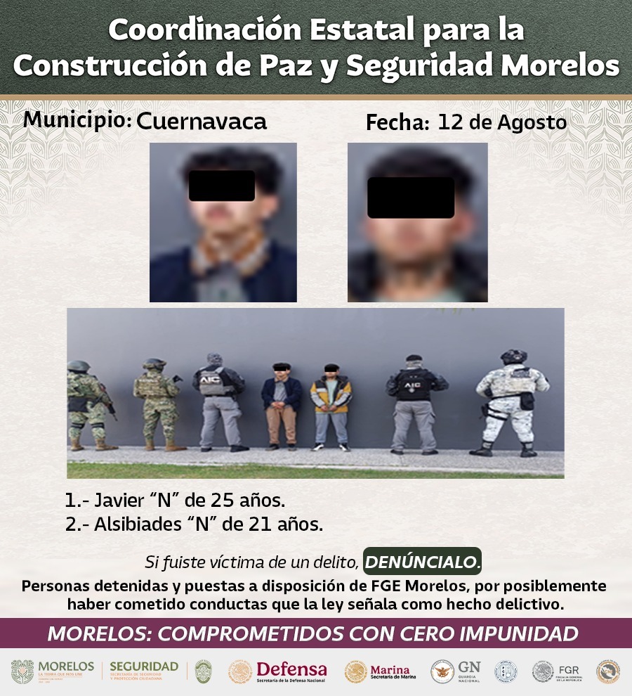 INTENSIFICA MESA DE CONSTRUCCIÓN DE PAZ Y SEGURIDAD DETENCIONES RELEVANTES CONTRA GENERADORES DE VIOLENCIA EN MORELOS