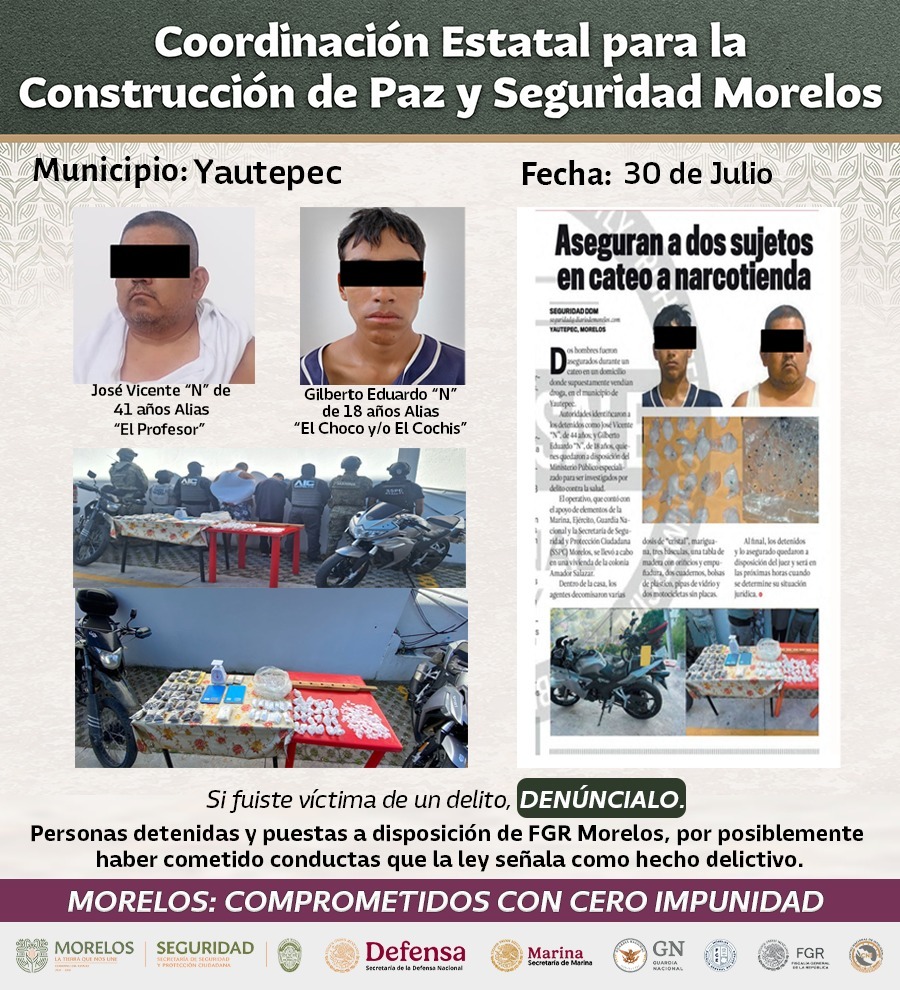 INTENSIFICA MESA DE CONSTRUCCIÓN DE PAZ Y SEGURIDAD DETENCIONES RELEVANTES CONTRA GENERADORES DE VIOLENCIA EN MORELOS