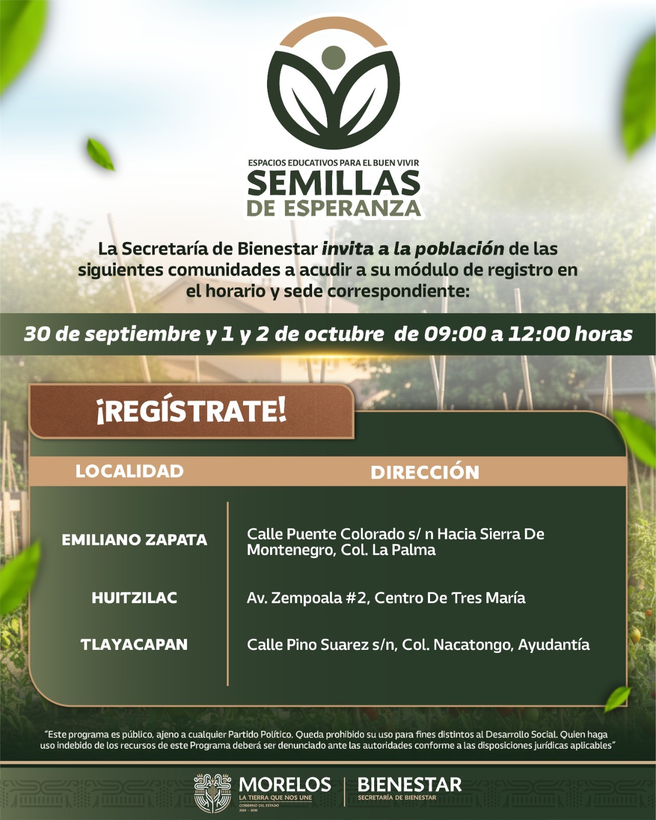 ALISTA GOBIERNO DE MORELOS REGISTRO PRESENCIAL A LOS PROGRAMAS SEMILLAS DE ESPERANZA Y CALMECAC