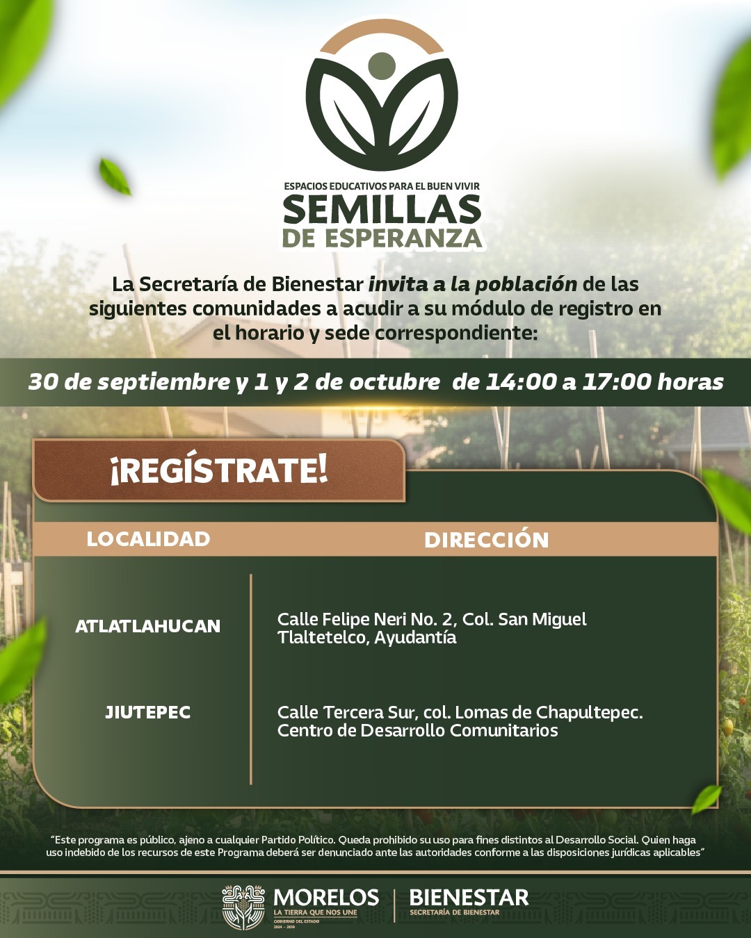 ALISTA GOBIERNO DE MORELOS REGISTRO PRESENCIAL A LOS PROGRAMAS SEMILLAS DE ESPERANZA Y CALMECAC