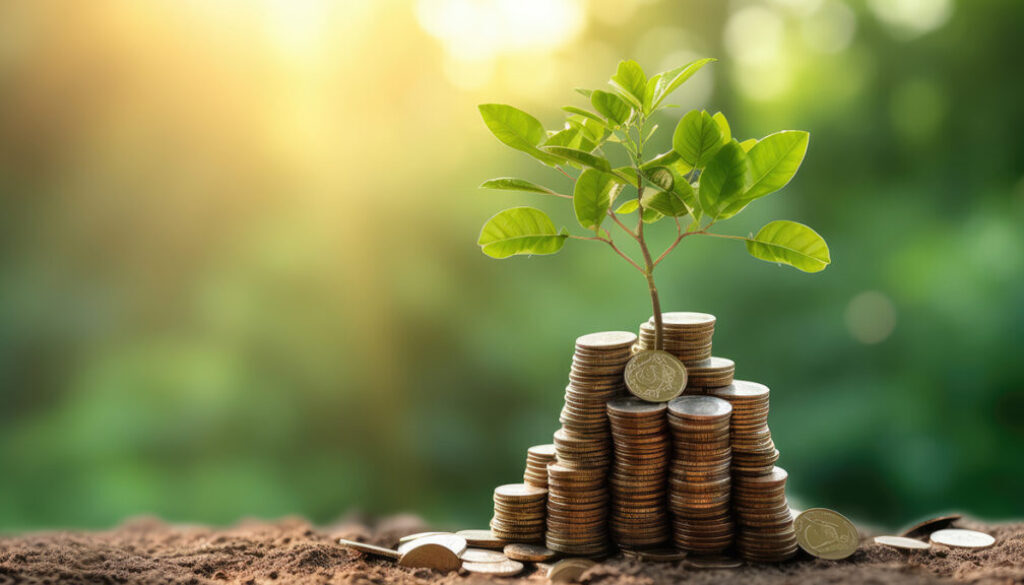 Saving money concept, Tree growing on coins stack with sun ray.