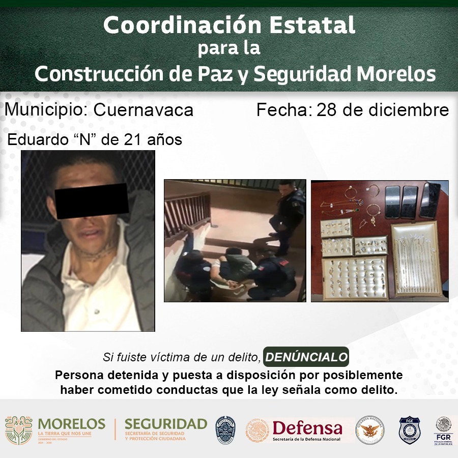 Informan integrantes de la Mesa de Coordinación Estatal para la Construcción de Paz y Seguridad detenciones relevantes en Morelos