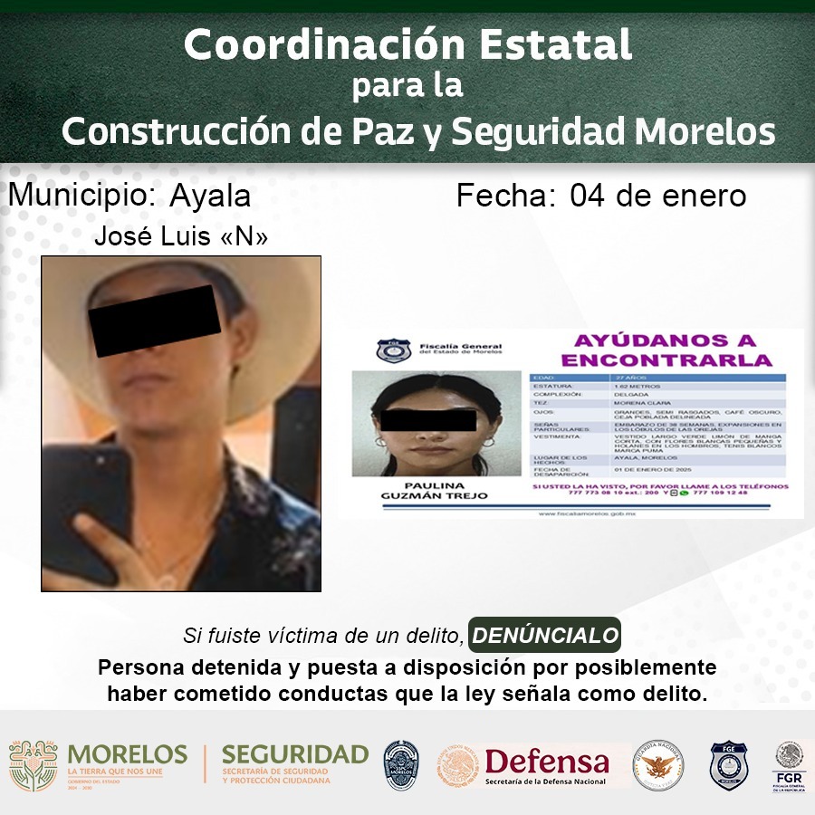 Informan integrantes de la Mesa de Coordinación Estatal para la Construcción de Paz y Seguridad detenciones relevantes en Morelos