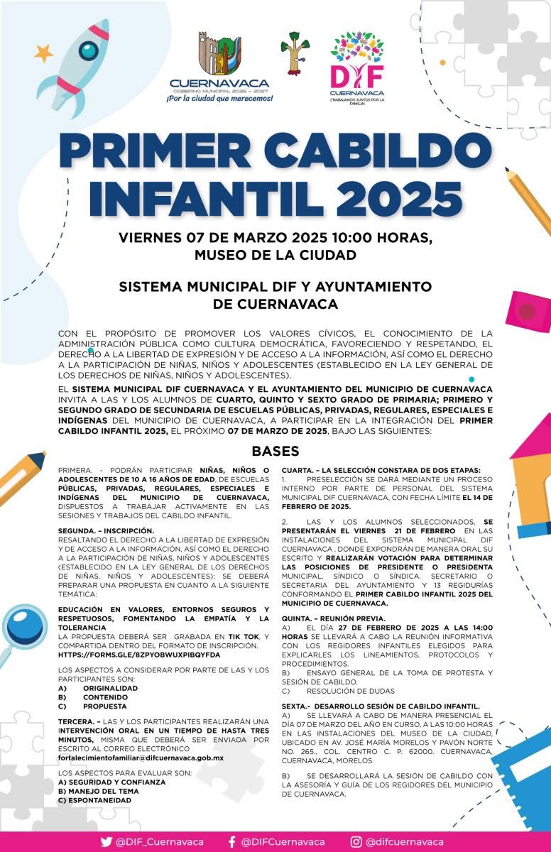 Invita DIF Cuernavaca a participar en el Primer Cabildo Infantil 2025