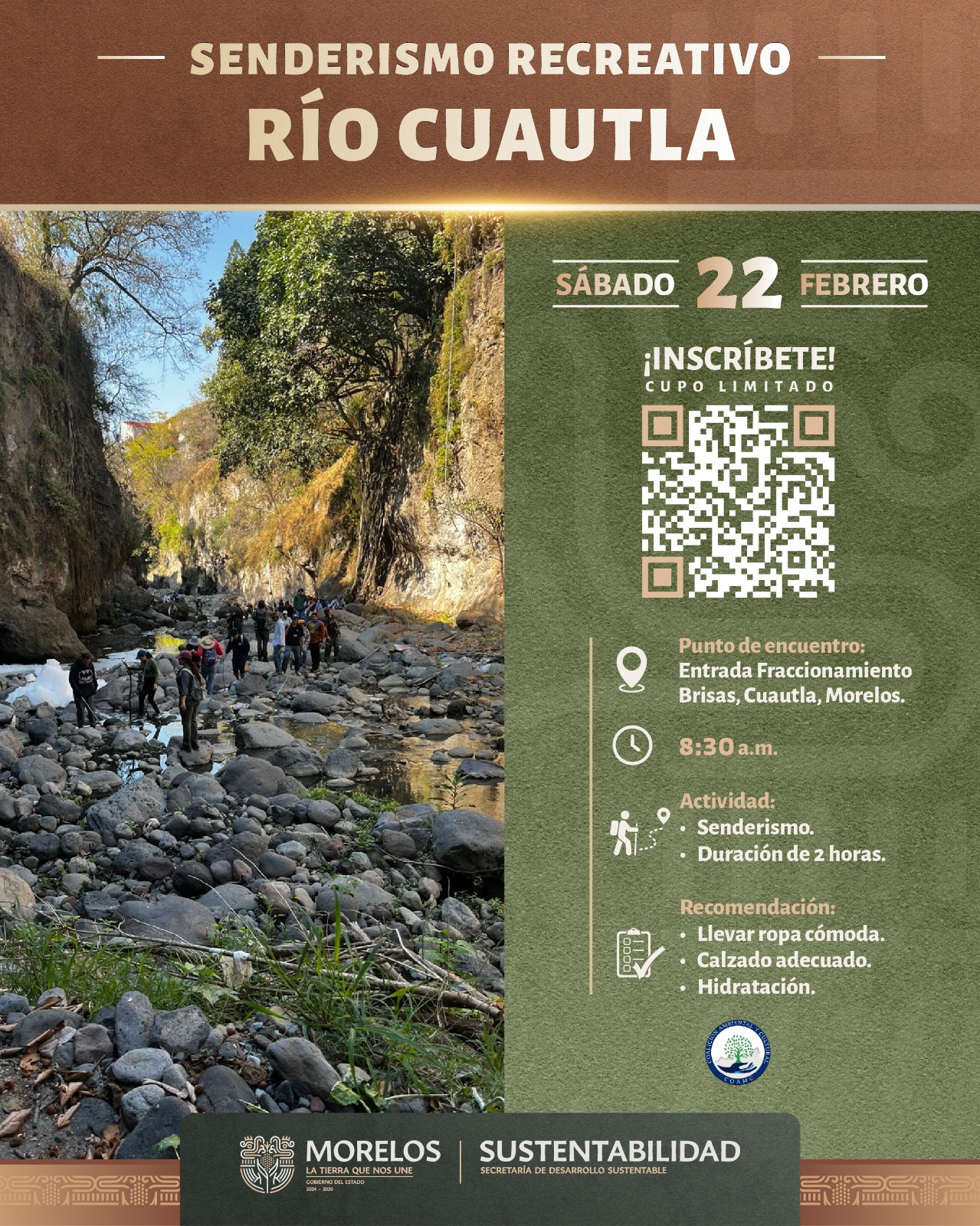 Invita Secretaría de Desarrollo Sustentable a jornada de senderismo recreativo en la Zona Sujeta a Conservación Ecológica Río Cuautla