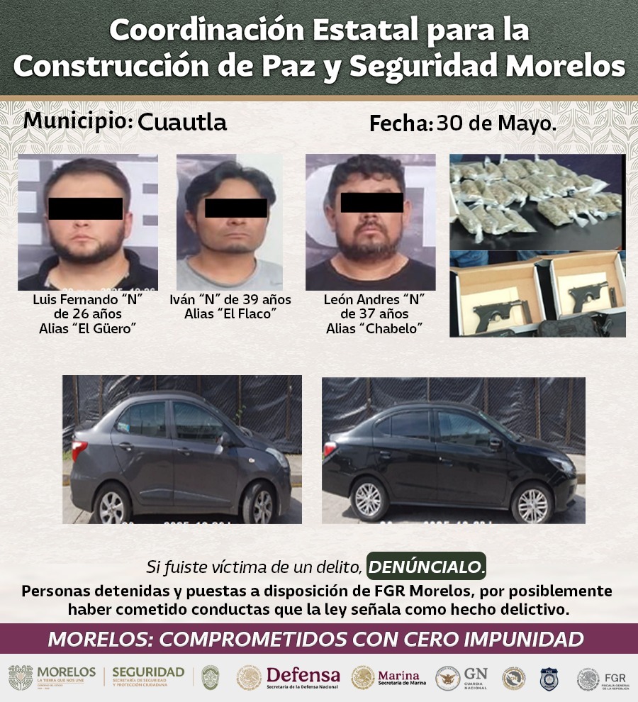 CONFIRMA MESA DE PAZ Y SEGURIDAD RELEVANTES DETENCIONES DE BANDAS GENERADORAS DE VIOLENCIA RELACIONADAS CON ROBO DE VEHÍCULOS DE ALTA GAMA EN MORELOS CONFIRMA MESA DE PAZ Y SEGURIDAD RELEVANTES DETENCIONES DE BANDAS GENERADORAS DE VIOLENCIA RELACIONADAS CON ROBO DE VEHÍCULOS DE ALTA GAMA EN MORELOS