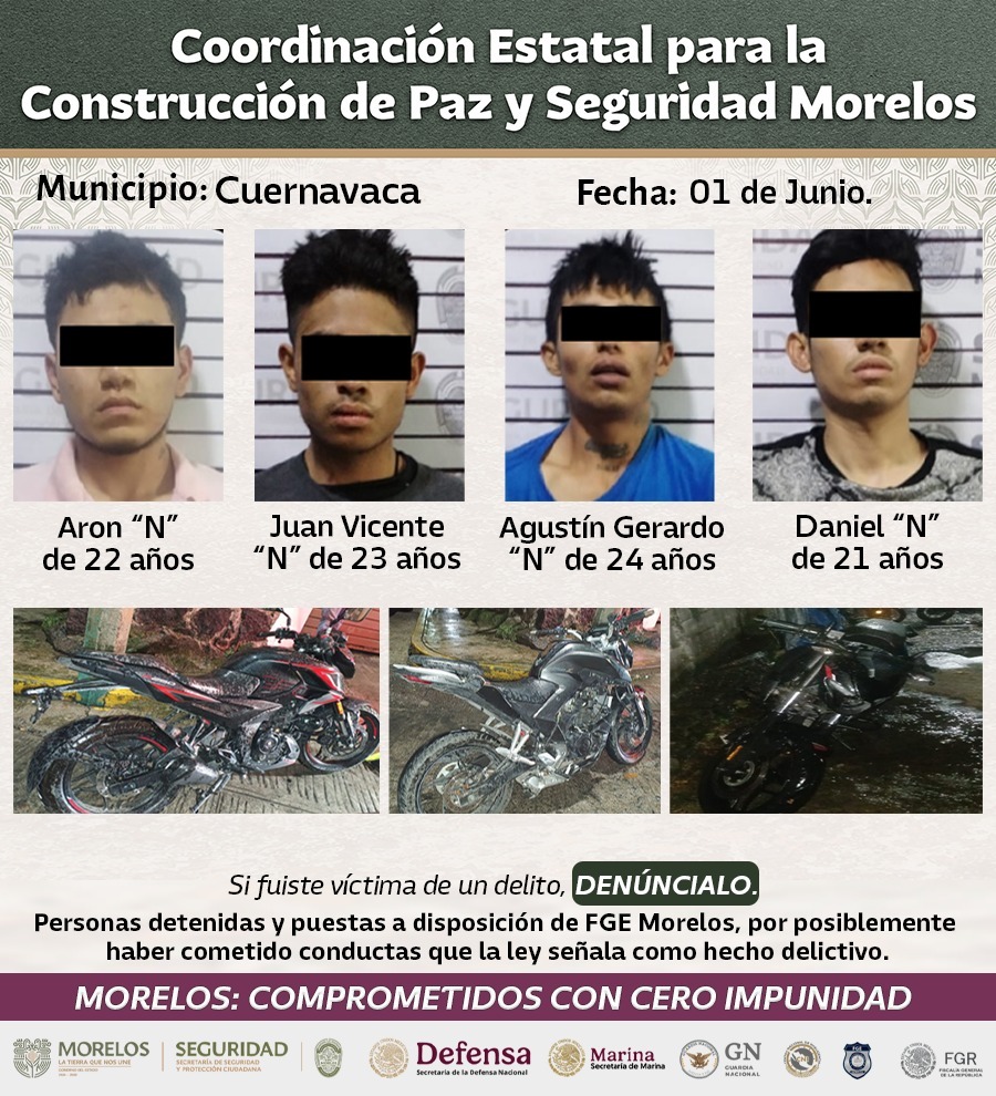 CONFIRMA MESA DE PAZ Y SEGURIDAD RELEVANTES DETENCIONES DE BANDAS GENERADORAS DE VIOLENCIA RELACIONADAS CON ROBO DE VEHÍCULOS DE ALTA GAMA EN MORELOS CONFIRMA MESA DE PAZ Y SEGURIDAD RELEVANTES DETENCIONES DE BANDAS GENERADORAS DE VIOLENCIA RELACIONADAS CON ROBO DE VEHÍCULOS DE ALTA GAMA EN MORELOS