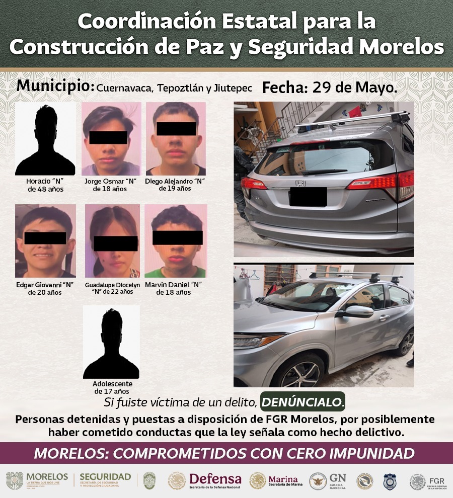 CONFIRMA MESA DE PAZ Y SEGURIDAD RELEVANTES DETENCIONES DE BANDAS GENERADORAS DE VIOLENCIA RELACIONADAS CON ROBO DE VEHÍCULOS DE ALTA GAMA EN MORELOS CONFIRMA MESA DE PAZ Y SEGURIDAD RELEVANTES DETENCIONES DE BANDAS GENERADORAS DE VIOLENCIA RELACIONADAS CON ROBO DE VEHÍCULOS DE ALTA GAMA EN MORELOS