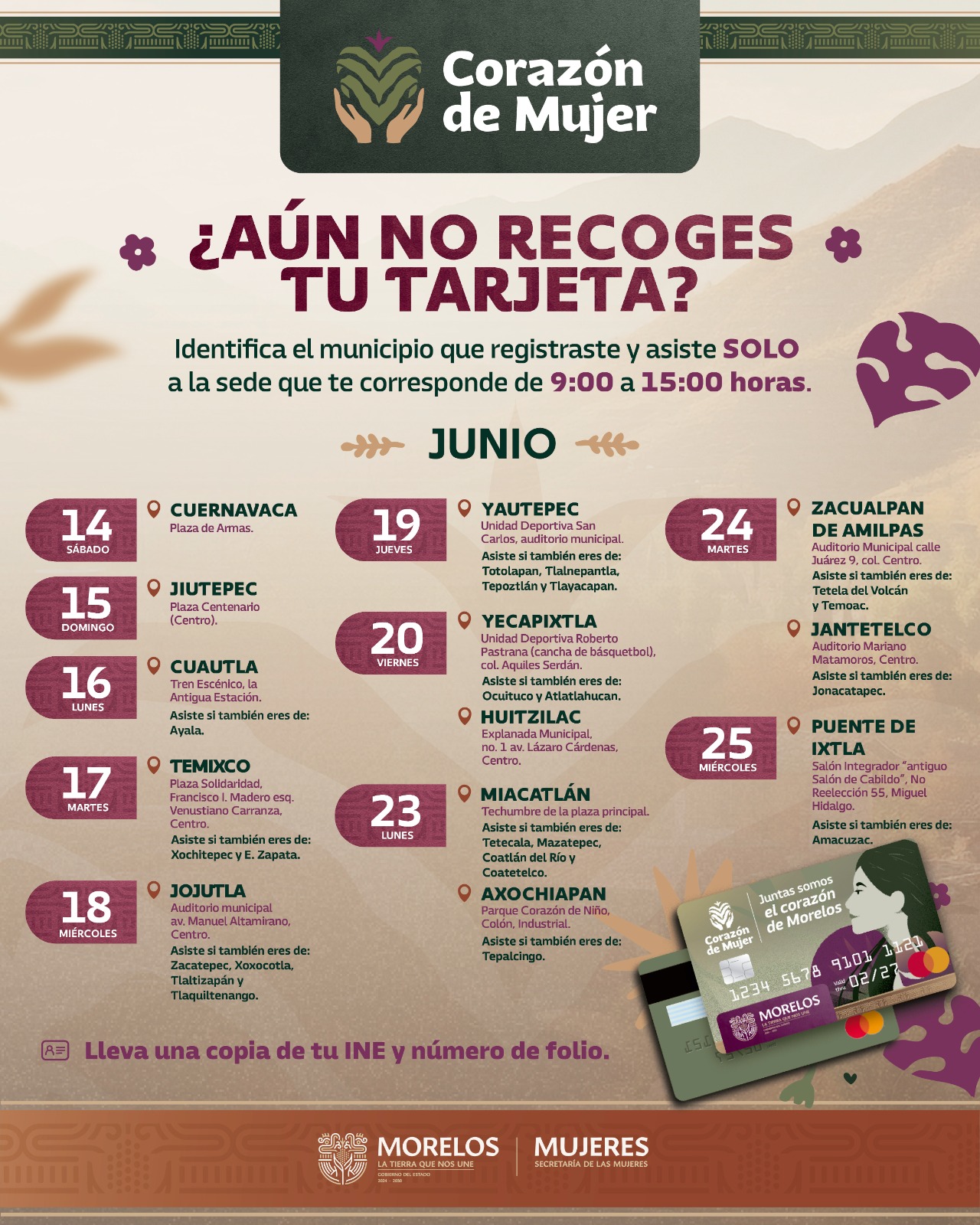 CONFIRMA GOBIERNO DE MORELOS FECHAS DE ENTREGA DE TARJETAS “CORAZÓN DE MUJER” EN 13 MUNICIPIOS CONFIRMA GOBIERNO DE MORELOS FECHAS DE ENTREGA DE TARJETAS “CORAZÓN DE MUJER” EN 13 MUNICIPIOS
