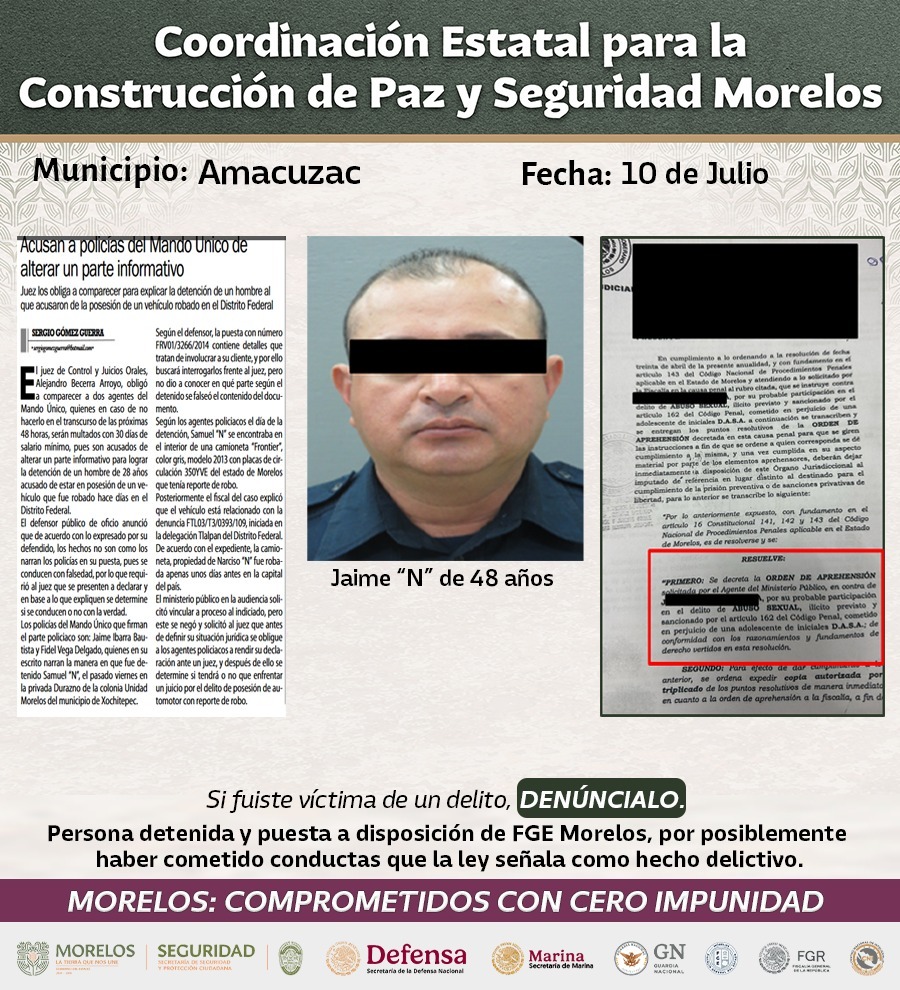 INTEGRANTES DE LA MESA DE COORDINACIÓN ESTATAL PARA LA CONSTRUCCIÓN DE PAZ Y SEGURIDAD DAN A CONOCER DETENCIONES RELEVANTES EN ZONA SUR, ORIENTE Y METROPOLITANA