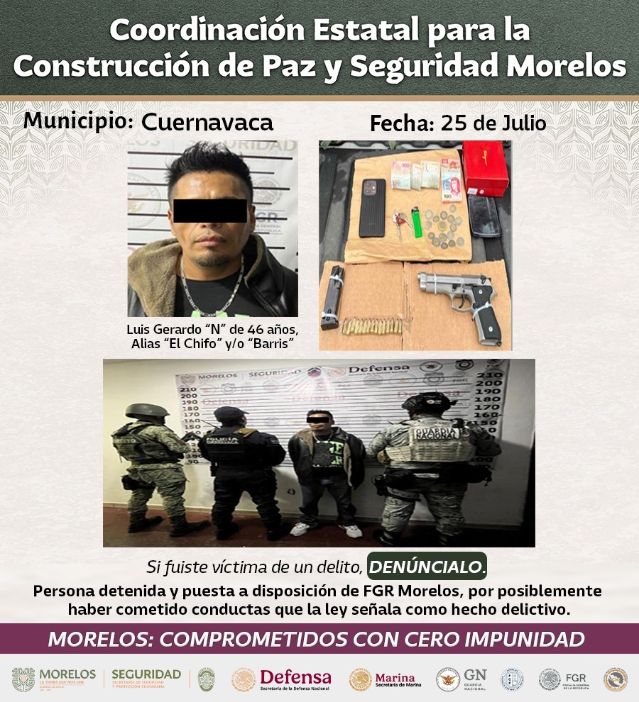 INTEGRANTES DE LA MESA DE COORDINACIÓN ESTATAL PARA LA CONSTRUCCIÓN DE PAZ Y SEGURIDAD DAN A CONOCER DETENCIONES RELEVANTES EN ZONA SUR, ORIENTE Y METROPOLITANA