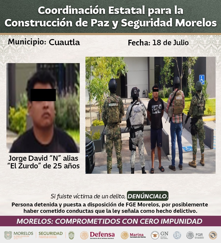INTEGRANTES DE LA MESA DE COORDINACIÓN ESTATAL PARA LA CONSTRUCCIÓN DE PAZ Y SEGURIDAD DAN A CONOCER DETENCIONES RELEVANTES EN ZONA SUR, ORIENTE Y METROPOLITANA