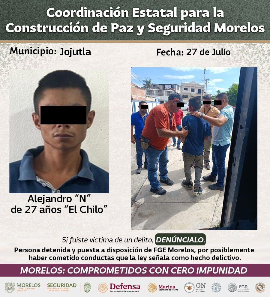 INTEGRANTES DE LA MESA DE COORDINACIÓN ESTATAL PARA LA CONSTRUCCIÓN DE PAZ Y SEGURIDAD DAN A CONOCER DETENCIONES RELEVANTES EN ZONA SUR, ORIENTE Y METROPOLITANA