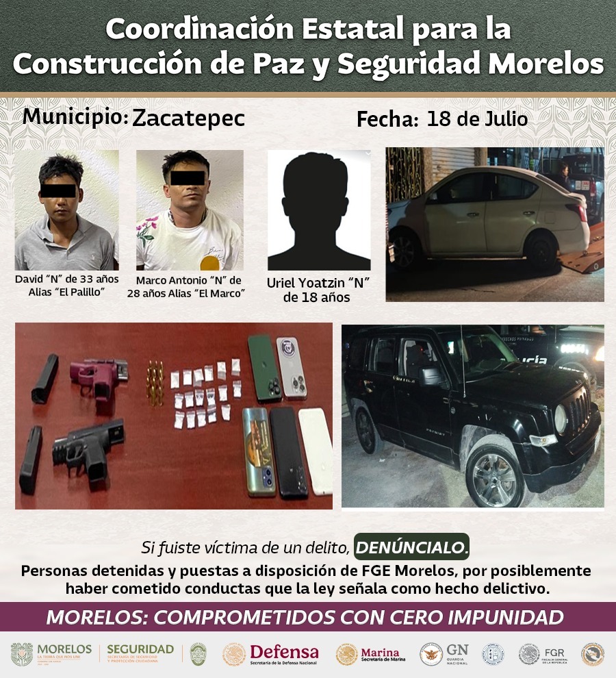 INTEGRANTES DE LA MESA DE COORDINACIÓN ESTATAL PARA LA CONSTRUCCIÓN DE PAZ Y SEGURIDAD DAN A CONOCER DETENCIONES RELEVANTES EN ZONA SUR, ORIENTE Y METROPOLITANA