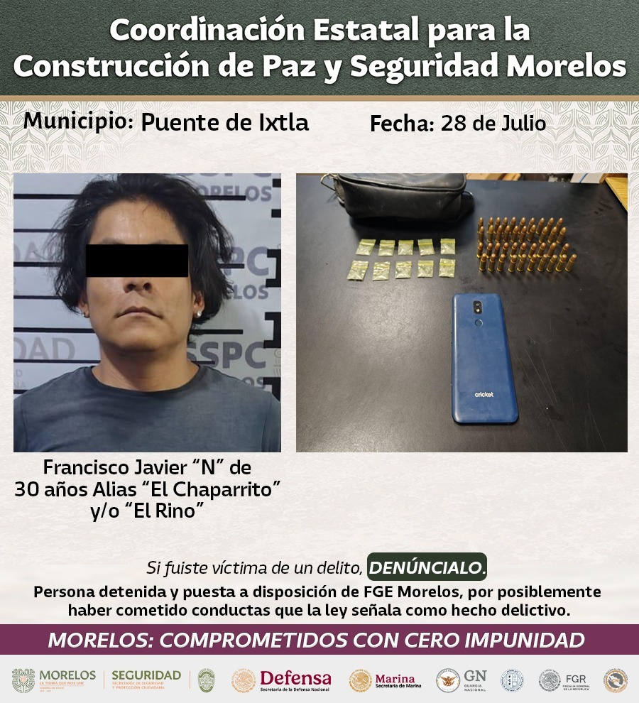 INTEGRANTES DE LA MESA DE COORDINACIÓN ESTATAL PARA LA CONSTRUCCIÓN DE PAZ Y SEGURIDAD DAN A CONOCER DETENCIONES RELEVANTES EN ZONA SUR, ORIENTE Y METROPOLITANA