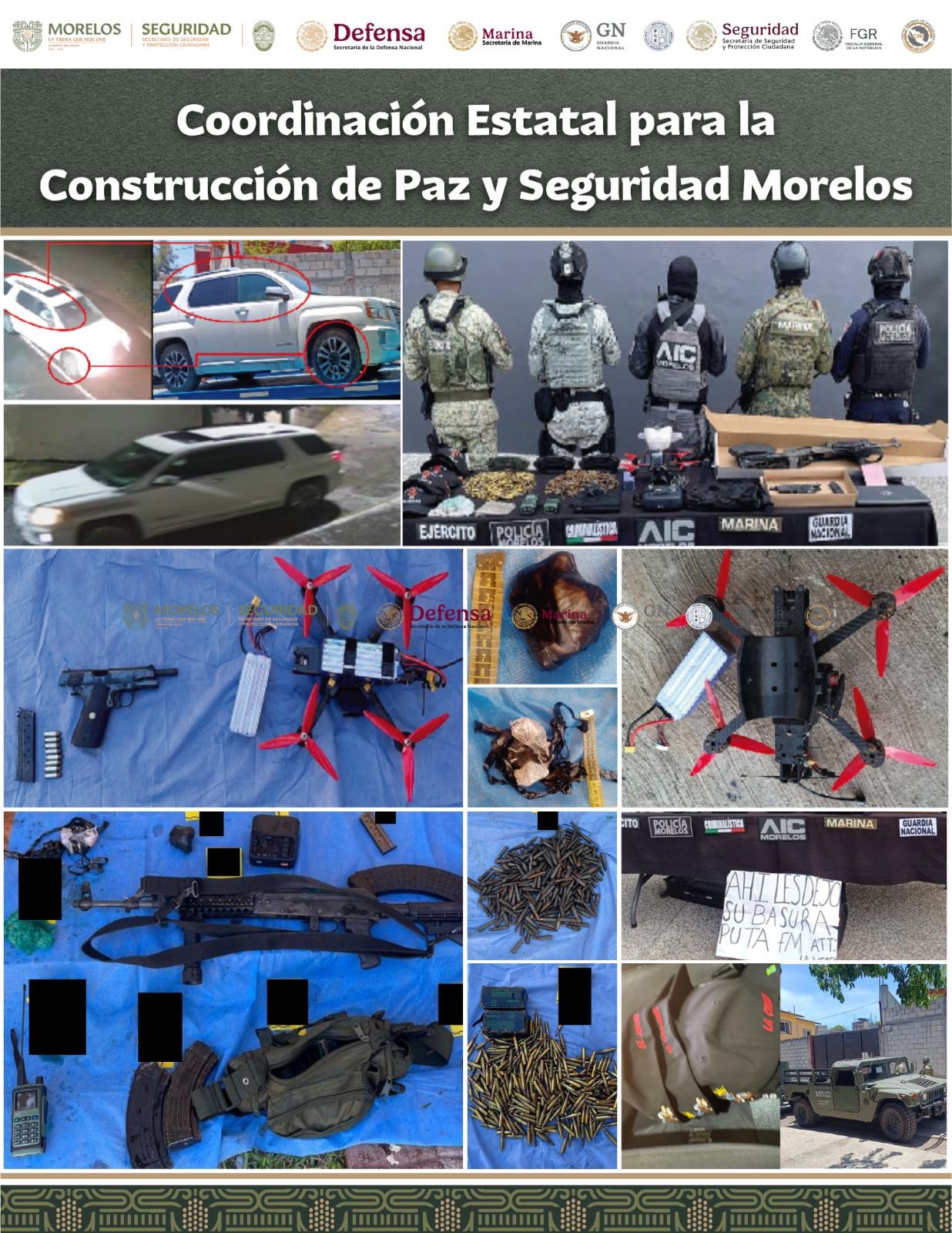 ASEGURAN INTEGRANTES DE LA MESA DE COORDINACIÓN ESTATAL PARA LA CONSTRUCCIÓN DE PAZ Y SEGURIDAD UN DOMICILIO, CAMIONETA, DRON PARA CARGA, POSIBLE MATERIAL EXPLOSIVO, CORDÓN DETONANTE, ASÍ COMO ARMAS Y MUNICIONES DE ALTO PODER EN JIUTEPEC ASEGURAN INTEGRANTES DE LA MESA DE COORDINACIÓN ESTATAL PARA LA CONSTRUCCIÓN DE PAZ Y SEGURIDAD UN DOMICILIO, CAMIONETA, DRON PARA CARGA, POSIBLE MATERIAL EXPLOSIVO, CORDÓN DETONANTE, ASÍ COMO ARMAS Y MUNICIONES DE ALTO PODER EN JIUTEPEC