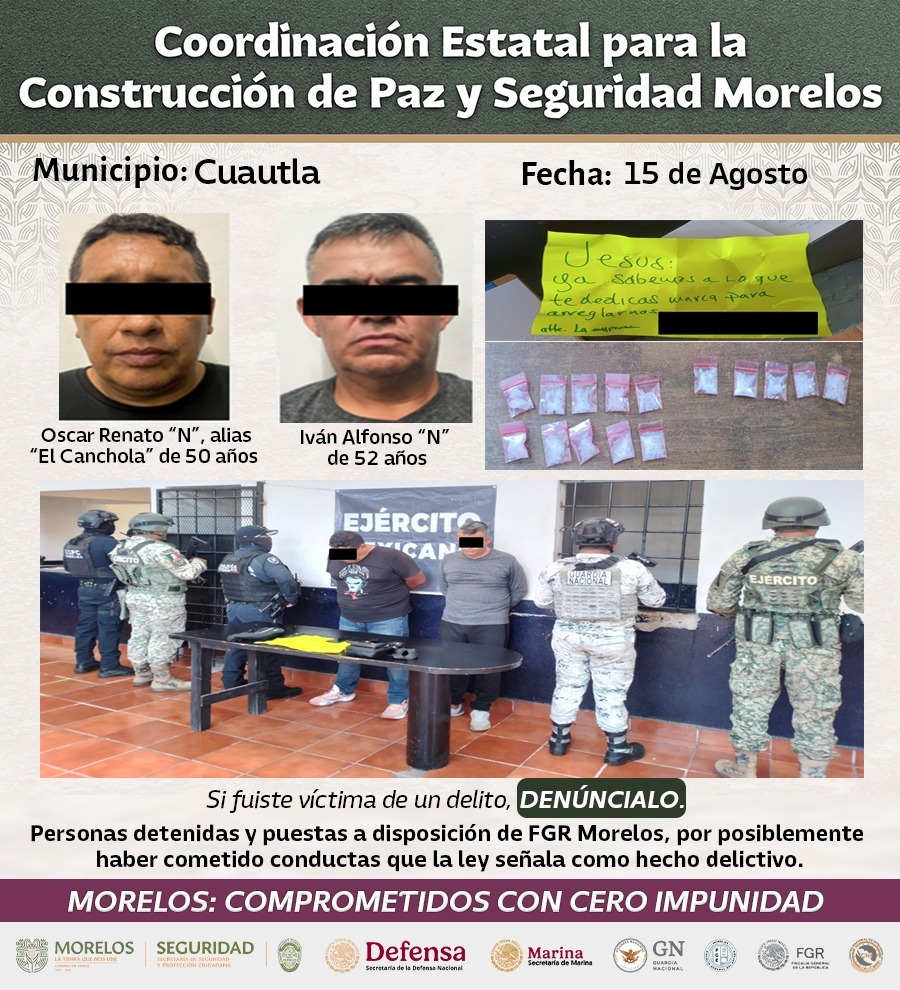 PRESENTAN INTEGRANTES DE LA MESA DE CONSTRUCCIÓN DE PAZ Y SEGURIDAD DETENCIONES RELEVANTES EN CUAUTLA Y ZONA SUR DE MORELOS PRESENTAN INTEGRANTES DE LA MESA DE CONSTRUCCIÓN DE PAZ Y SEGURIDAD DETENCIONES RELEVANTES EN CUAUTLA Y ZONA SUR DE MORELOS
