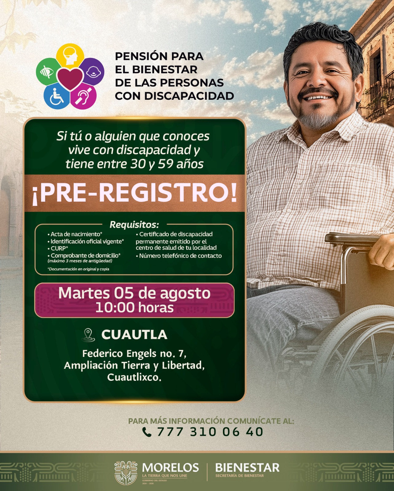 ANUNCIA GOBIERNO DE MORELOS PRE-REGISTRO AL PROGRAMA PENSIÓN PARA EL BIENESTAR DE PERSONAS CON DISCAPACIDAD DE 30 A 59 AÑOS DE EDAD