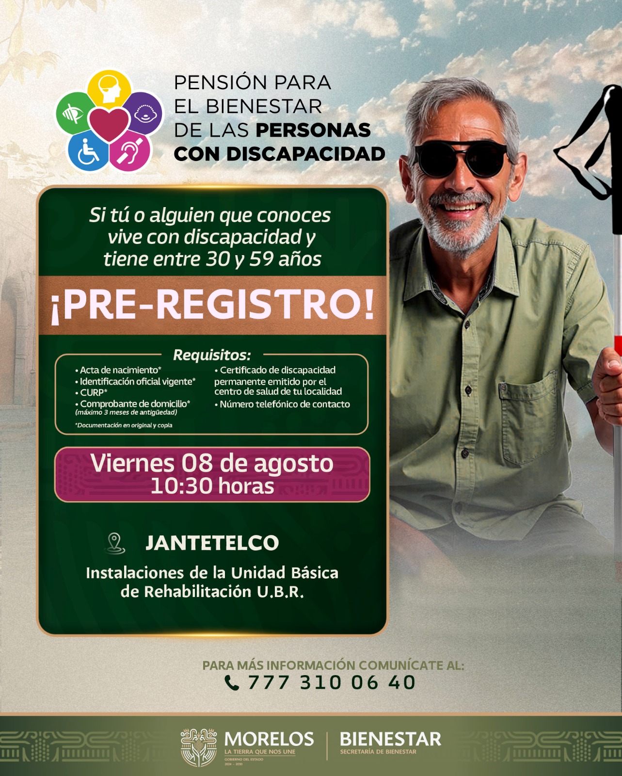 ANUNCIA GOBIERNO DE MORELOS PRE-REGISTRO AL PROGRAMA PENSIÓN PARA EL BIENESTAR DE PERSONAS CON DISCAPACIDAD DE 30 A 59 AÑOS DE EDAD