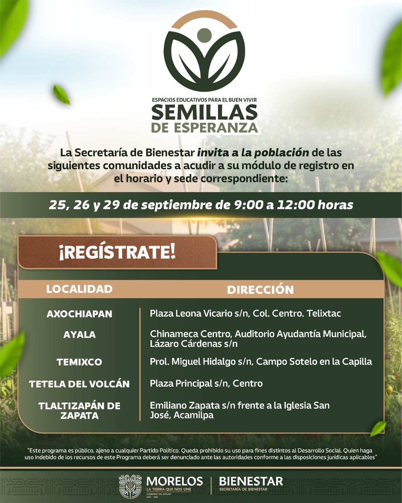 ALISTA GOBIERNO DE MORELOS REGISTRO PRESENCIAL A LOS PROGRAMAS SEMILLAS DE ESPERANZA Y CALMECAC