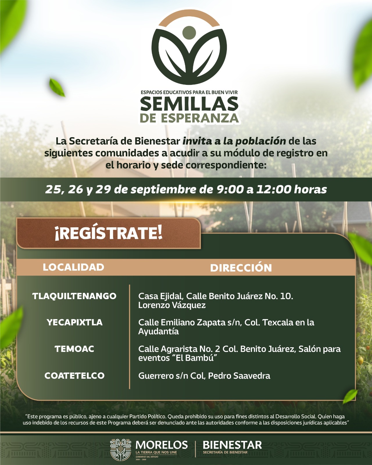 ALISTA GOBIERNO DE MORELOS REGISTRO PRESENCIAL A LOS PROGRAMAS SEMILLAS DE ESPERANZA Y CALMECAC
