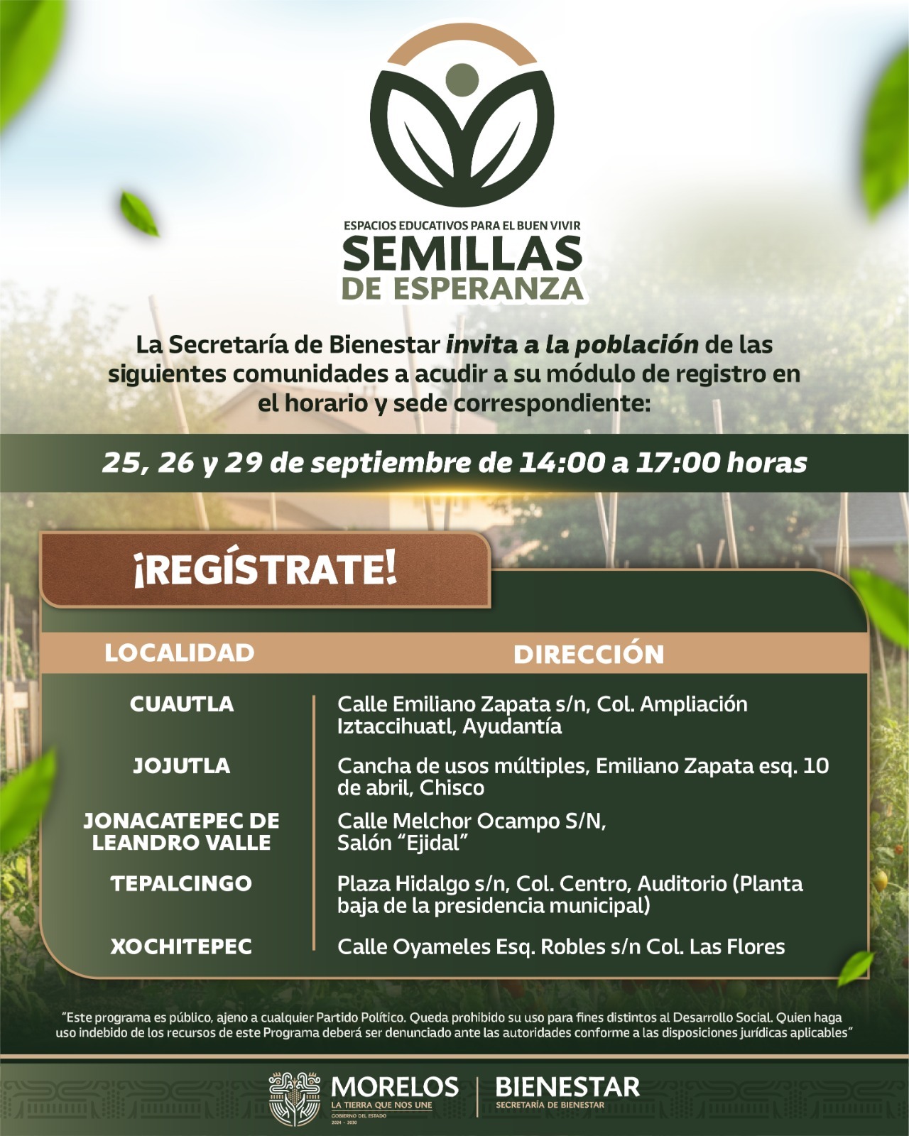ALISTA GOBIERNO DE MORELOS REGISTRO PRESENCIAL A LOS PROGRAMAS SEMILLAS DE ESPERANZA Y CALMECAC