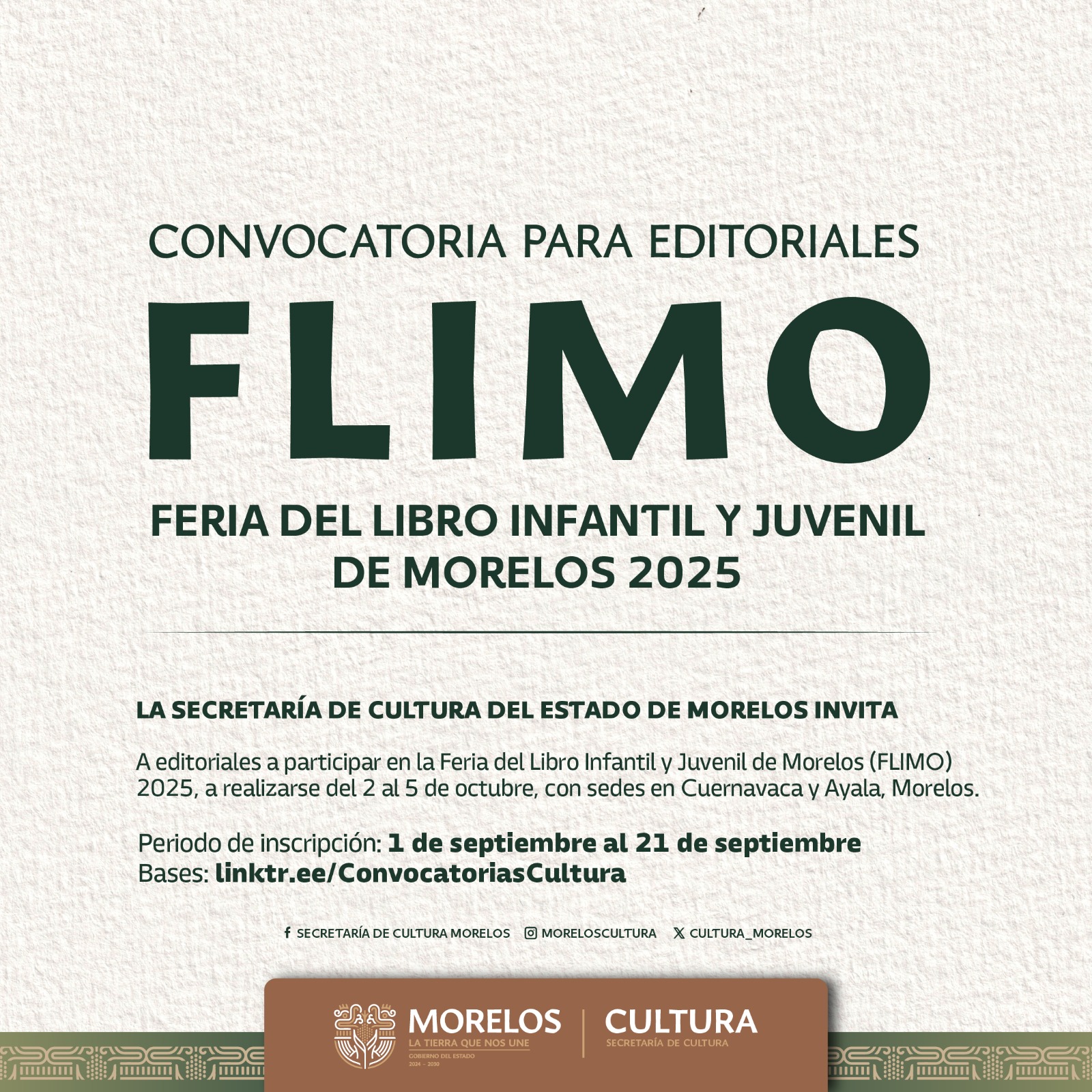 CONVOCA GOBIERNO DE MORELOS A EDITORIALES A PARTICIPAR EN LA FERIA NACIONAL DEL LIBRO INFANTIL Y JUVENIL MORELOS 2025 CONVOCA GOBIERNO DE MORELOS A EDITORIALES A PARTICIPAR EN LA FERIA NACIONAL DEL LIBRO INFANTIL Y JUVENIL MORELOS 2025