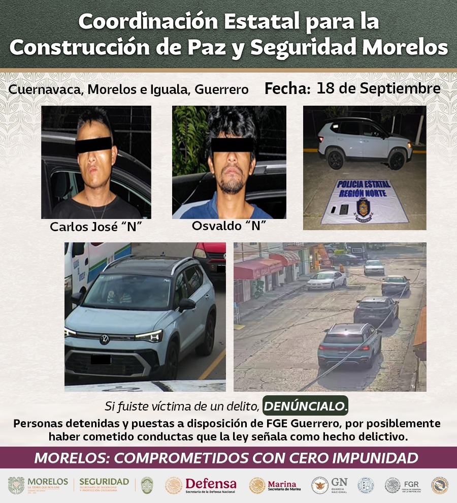INFORMAN INTEGRANTES DE LA MESA DE COORDINACIÓN ESTATAL PARA LA CONSTRUCCIÓN DE PAZ Y SEGURIDAD RESULTADOS DE LA ESTRATEGIA INTERESTATAL CONTRA EL ROBO DE VEHÍCULOS EN MORELOS
