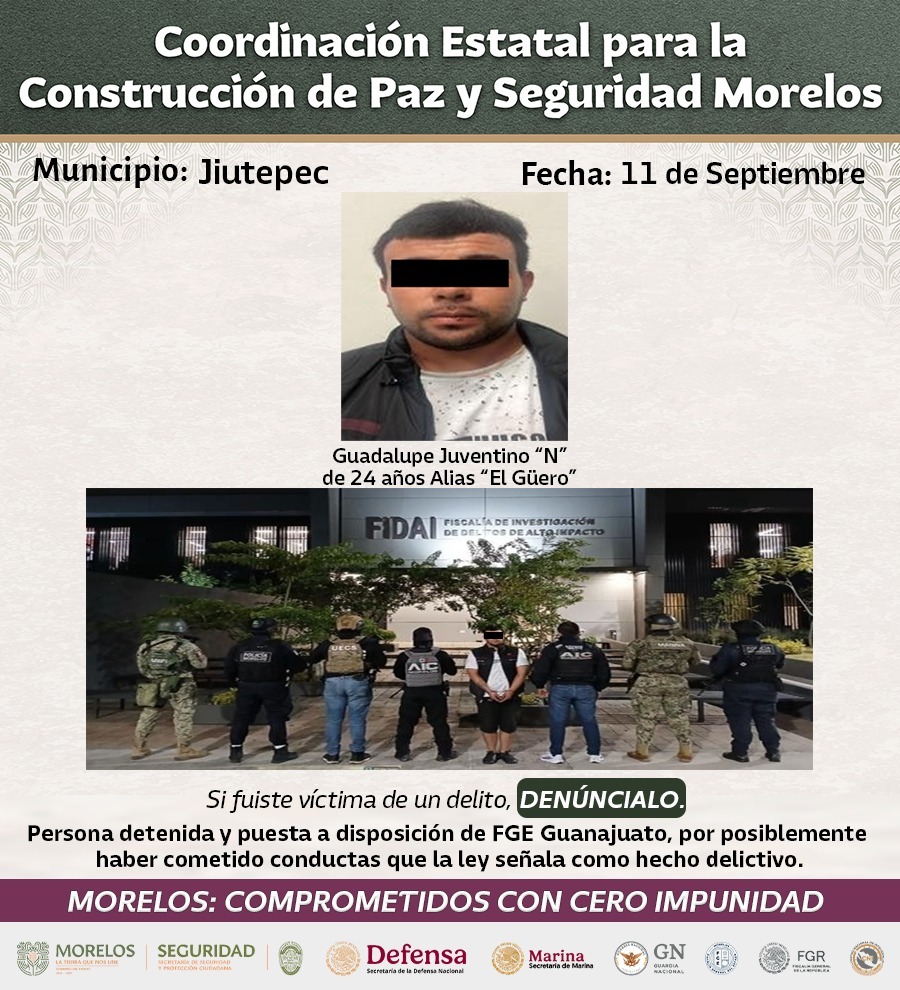 ASEGURAN INTEGRANTES DE LA MESA DE COORDINACIÓN ESTATAL PARA LA CONSTRUCCIÓN DE PAZ Y SEGURIDAD A 36 GENERADORES DE VIOLENCIA RELACIONADOS CON DELITOS DE ALTO IMPACTO