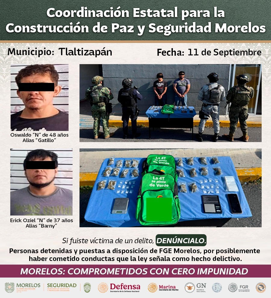 ASEGURAN INTEGRANTES DE LA MESA DE COORDINACIÓN ESTATAL PARA LA CONSTRUCCIÓN DE PAZ Y SEGURIDAD A 36 GENERADORES DE VIOLENCIA RELACIONADOS CON DELITOS DE ALTO IMPACTO