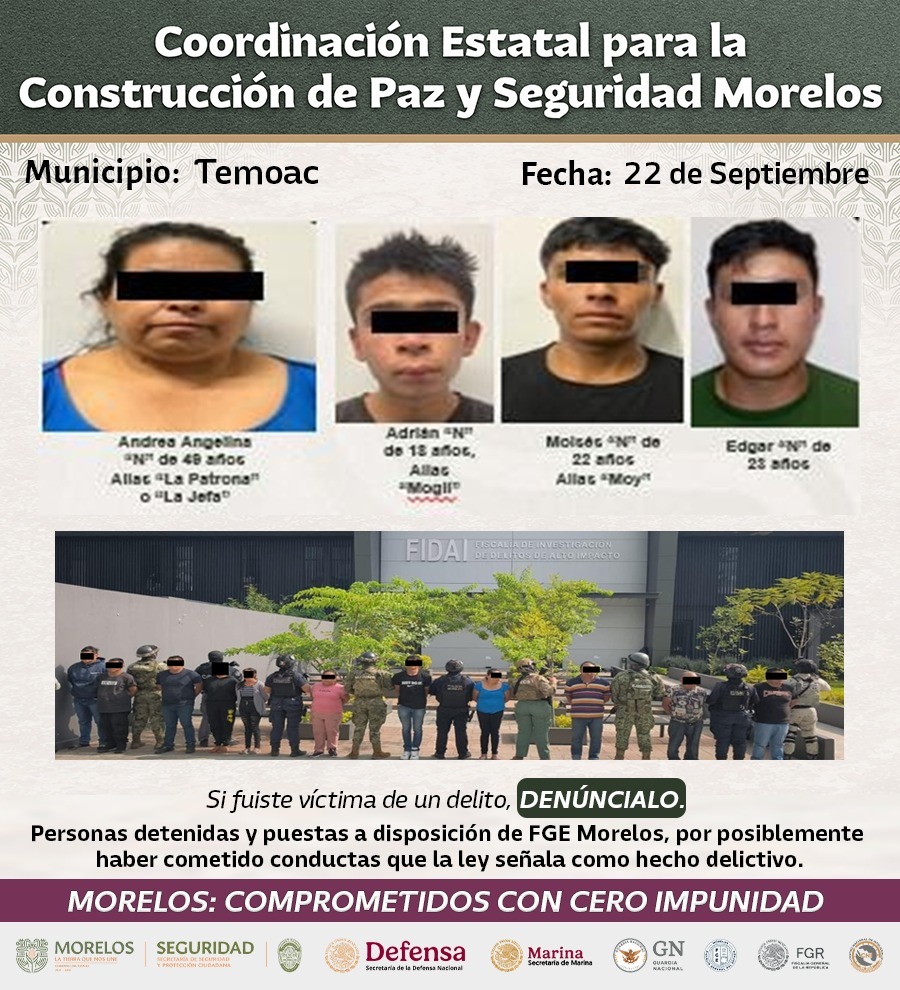 ASEGURAN INTEGRANTES DE LA MESA DE COORDINACIÓN ESTATAL PARA LA CONSTRUCCIÓN DE PAZ Y SEGURIDAD A 36 GENERADORES DE VIOLENCIA RELACIONADOS CON DELITOS DE ALTO IMPACTO