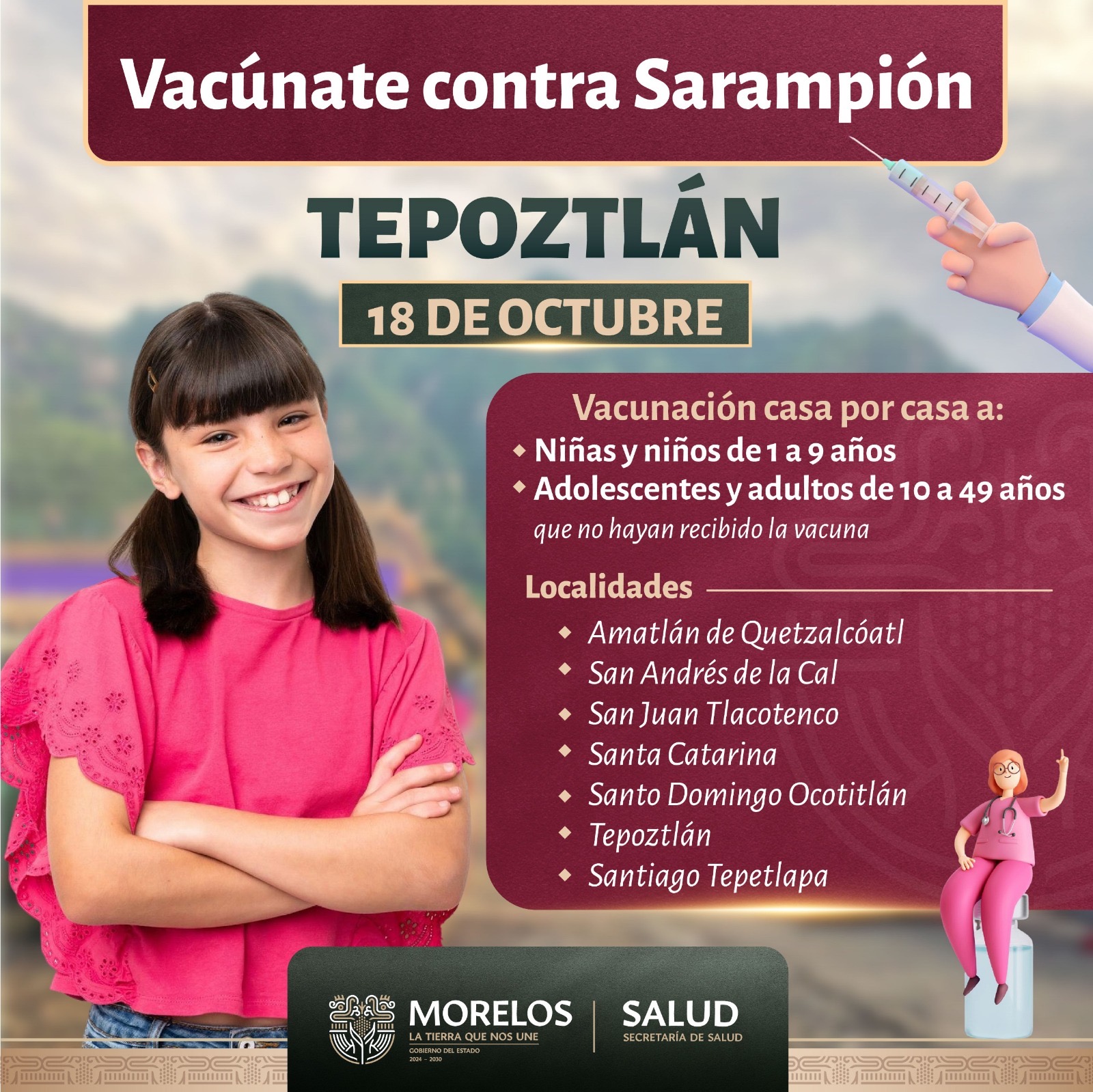 INVITA SECRETARÍA DE SALUD A PARTICIPAR EN JORNADA DE VACUNACIÓN CONTRA SARAMPIÓN EN TEPOZTLÁN INVITA SECRETARÍA DE SALUD A PARTICIPAR EN JORNADA DE VACUNACIÓN CONTRA SARAMPIÓN EN TEPOZTLÁN