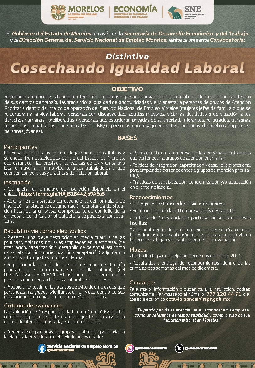 RECONOCERÁ GOBIERNO DE MORELOS A EMPRESAS INCLUYENTES CON EL DISTINTIVO “COSECHANDO IGUALDAD LABORAL”