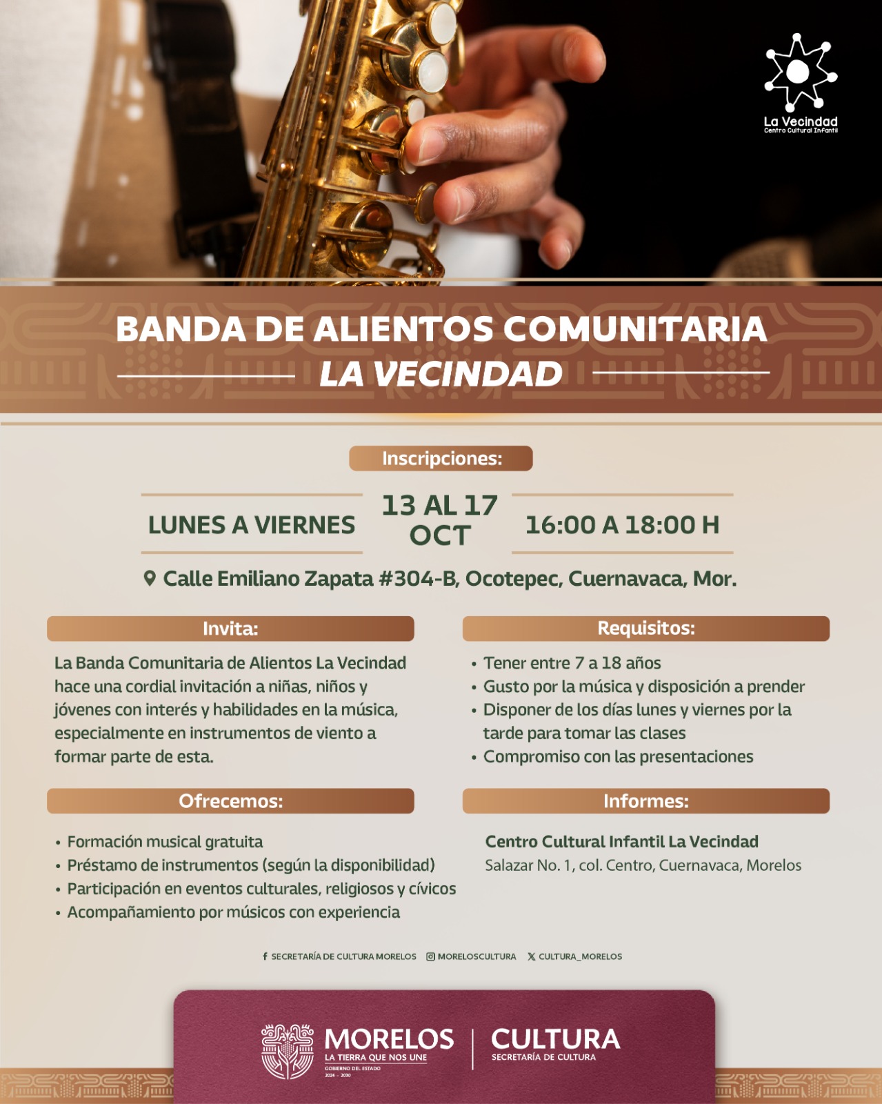 INVITA SECRETARÍA DE CULTURA A NIÑAS, NIÑOS Y JÓVENES A FORMAR PARTE DE LA BANDA COMUNITARIA DE ALIENTOS “LA VECINDAD” INVITA SECRETARÍA DE CULTURA A NIÑAS, NIÑOS Y JÓVENES A FORMAR PARTE DE LA BANDA COMUNITARIA DE ALIENTOS “LA VECINDAD”