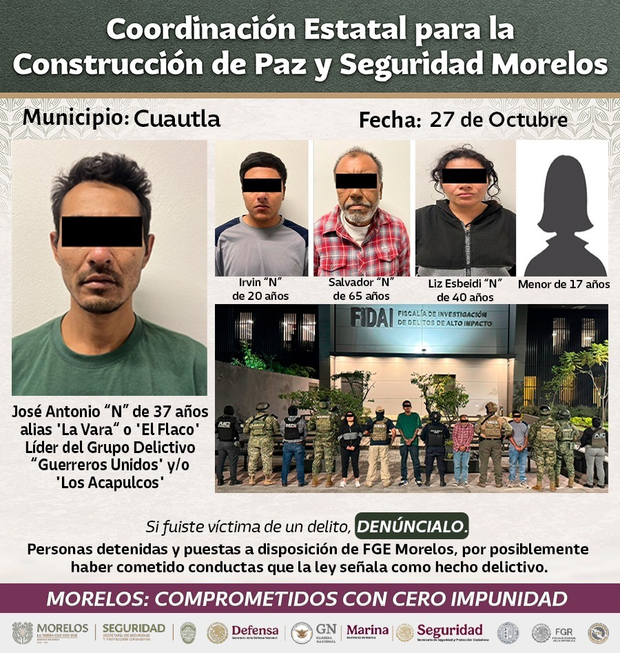 ASEGURAN INTEGRANTES DE LA MESA DE COORDINACIÓN PARA LA CONSTRUCCIÓN DE PAZ Y SEGURIDAD A JOSÉ ANTONIO “N”, ALIAS “LA VARA” O “EL FLACO”, LÍDER DEL GRUPO DELICTIVO “GUERREROS UNIDOS” Y/O “LOS ACAPULCOS” ASEGURAN INTEGRANTES DE LA MESA DE COORDINACIÓN PARA LA CONSTRUCCIÓN DE PAZ Y SEGURIDAD A JOSÉ ANTONIO “N”, ALIAS “LA VARA” O “EL FLACO”, LÍDER DEL GRUPO DELICTIVO “GUERREROS UNIDOS” Y/O “LOS ACAPULCOS”