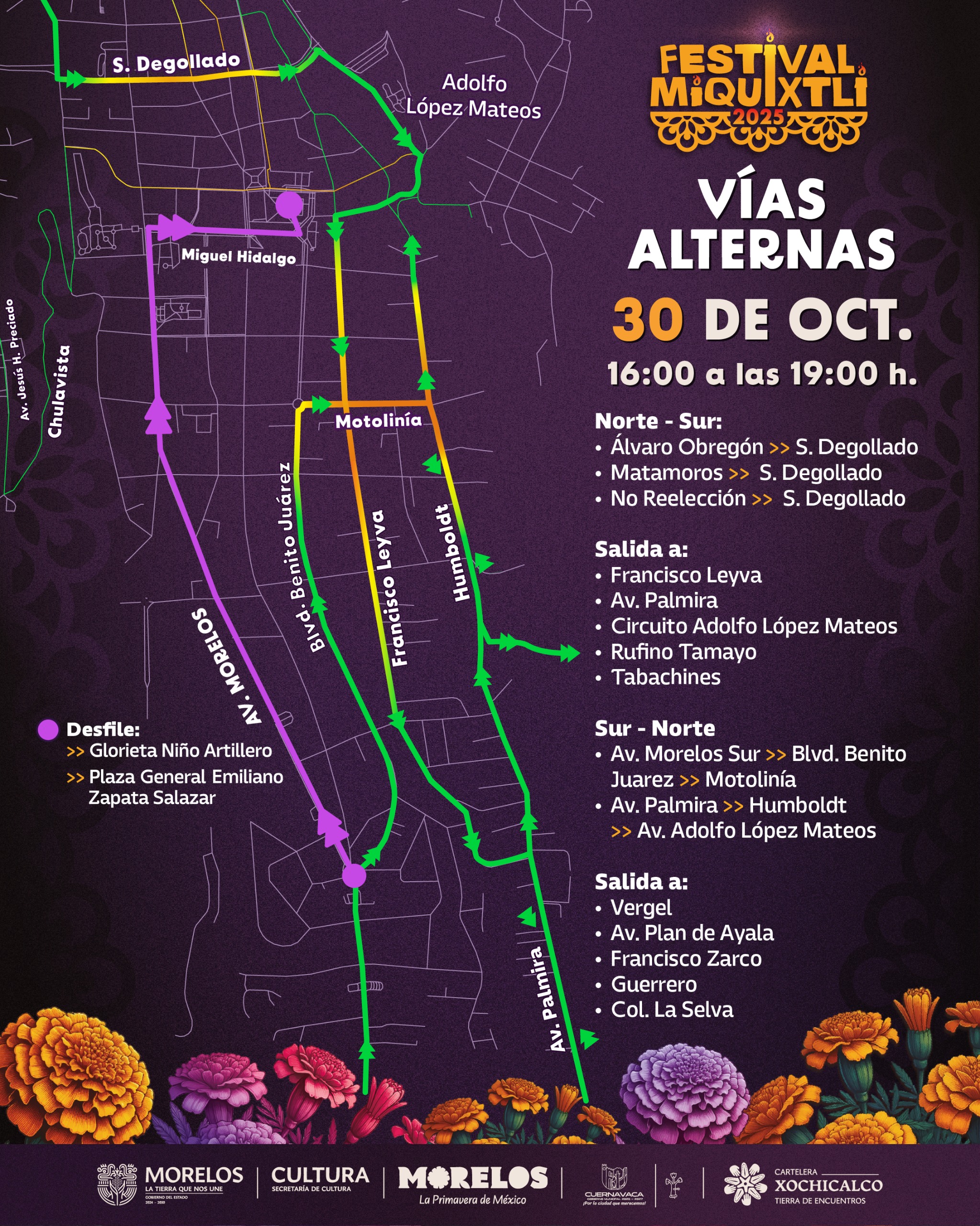 SE IMPLEMENTARÁN VÍAS ALTERNAS DURANTE DESFILE DEL FESTIVAL MIQUIXTLI 2025 EN CUERNAVACA SE IMPLEMENTARÁN VÍAS ALTERNAS DURANTE DESFILE DEL FESTIVAL MIQUIXTLI 2025 EN CUERNAVACA