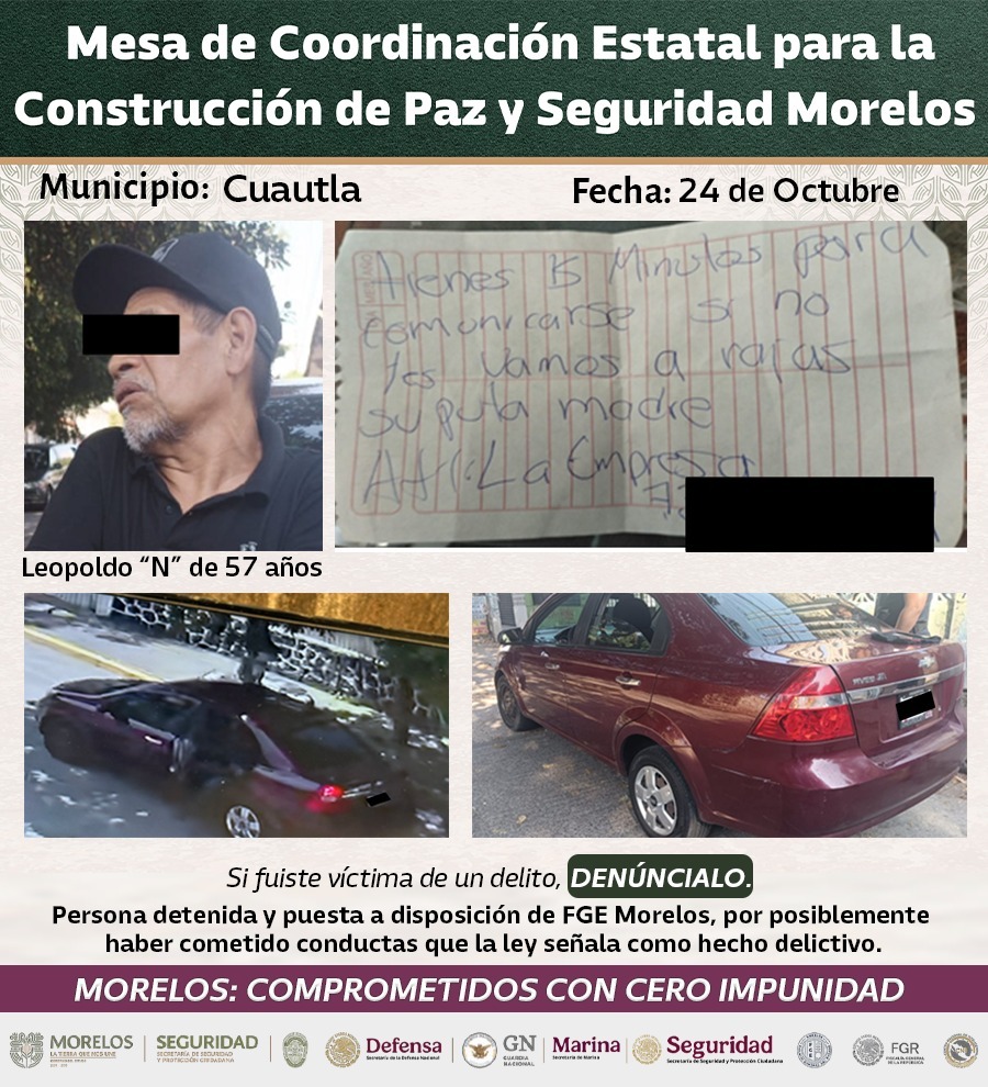 SE FORTALECE ESTRATEGIA NACIONAL CONTRA LA EXTORSIÓN EN MORELOS GRACIAS A LA CONFIANZA CIUDADANA