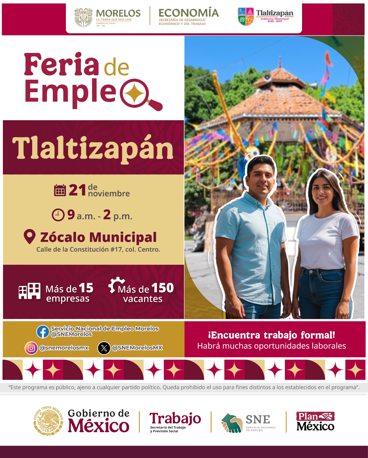 REALIZARÁ GOBIERNO DE MORELOS FERIA DE EMPLEO HISTÓRICA EN EL MUNICIPIO DE TLALTIZAPÁN