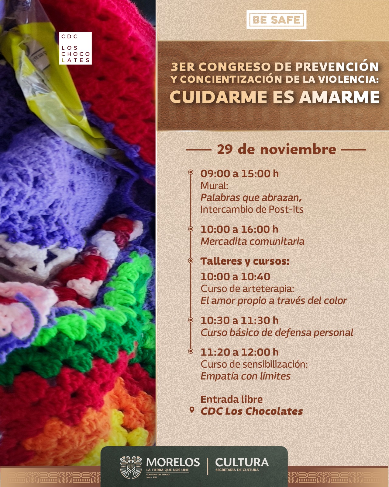 INVITA SECRETARÍA DE CULTURA AL 3ER CONGRESO “CUIDARME ES AMARME” EN EL CDC LOS CHOCOLATES